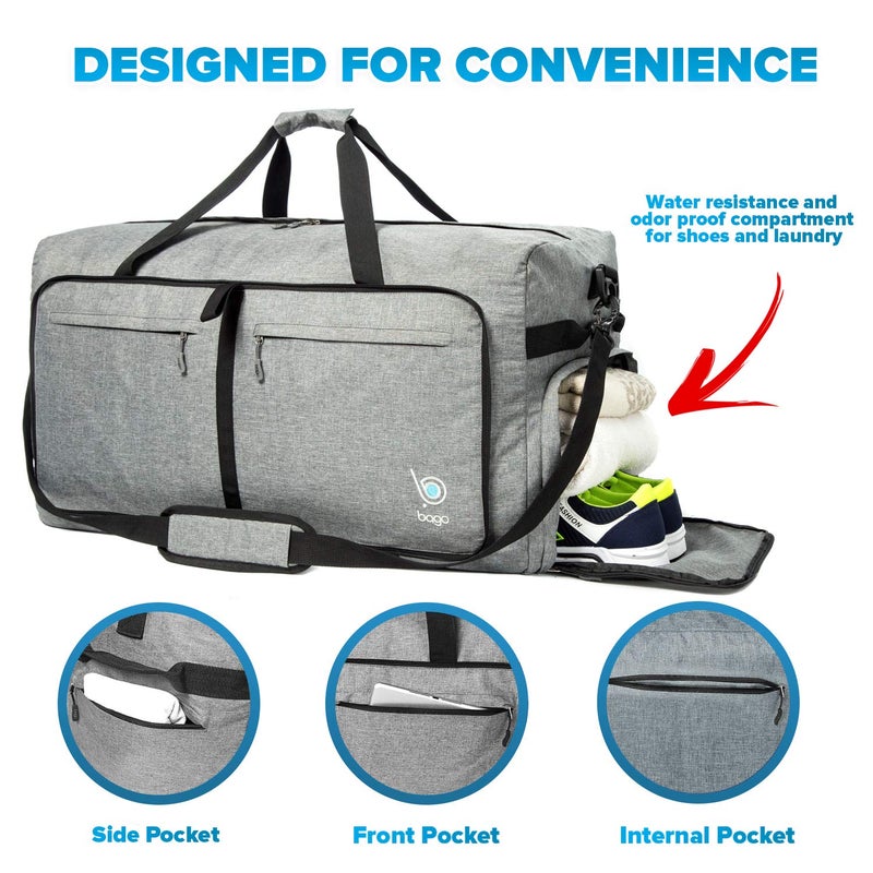 Bago Large Foldable Duffel Bags for Traveling Women & Men - 100L Packable Duffle Bag for Travel with Shoe Compartment - Water Repellant, Heavy Duty, Lightweight Folding & Collapsible (SnowGray) - Image 4